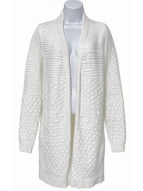 Kempson Women’s White Solid Textured Knit Open Front V-Neck Cardigan Sweater M